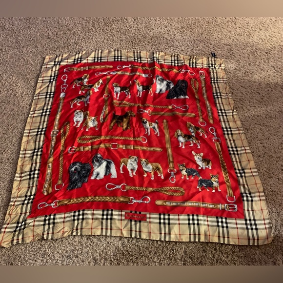 Vintage RARE  Burberry’s red silk scarf with dog & leash design - Picture 1 of 6